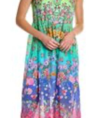Johnny Was Green Teal Blue Floral Midi Dress
